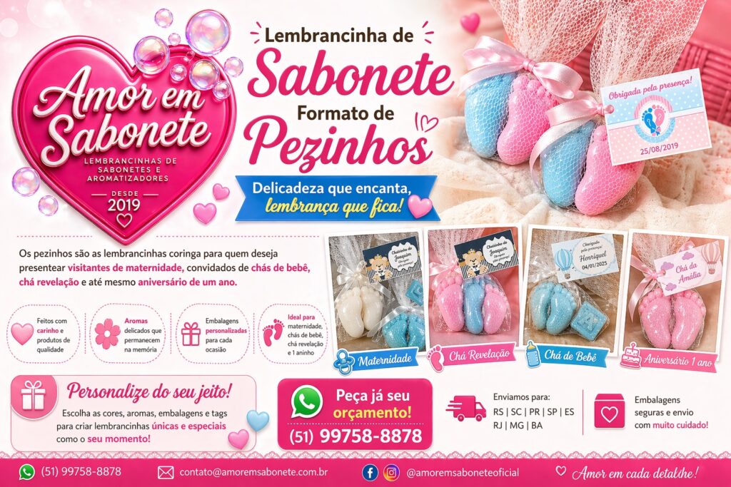 Lembrancinha de sabonete formato de pezinhos: pedir orçamento personalizado para maternidade e chá de bebê com entrega em vários estados.