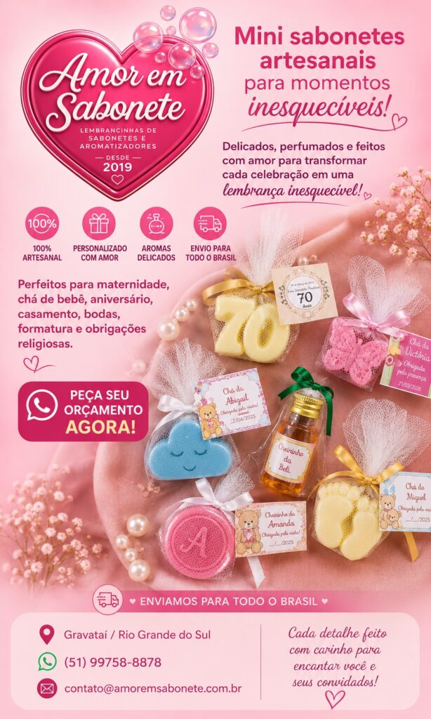 Mini sabonete para lembrancinha artesanal personalizado para maternidade, casamento e festas. Envio para todo o Brasil.